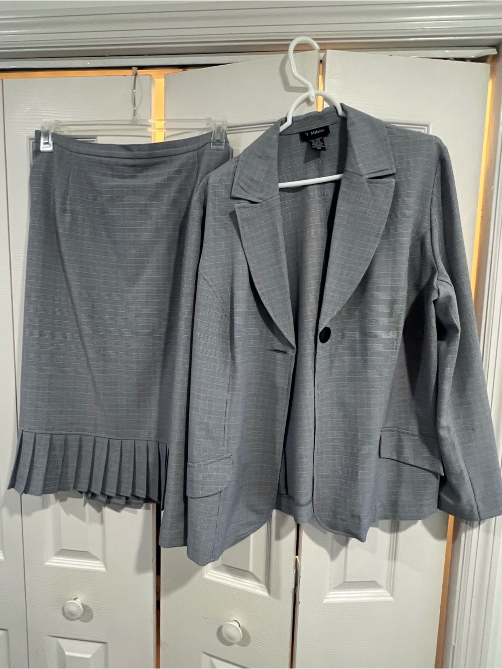Milano Gray Pinstripe Skirt Suit with Pleated Hem